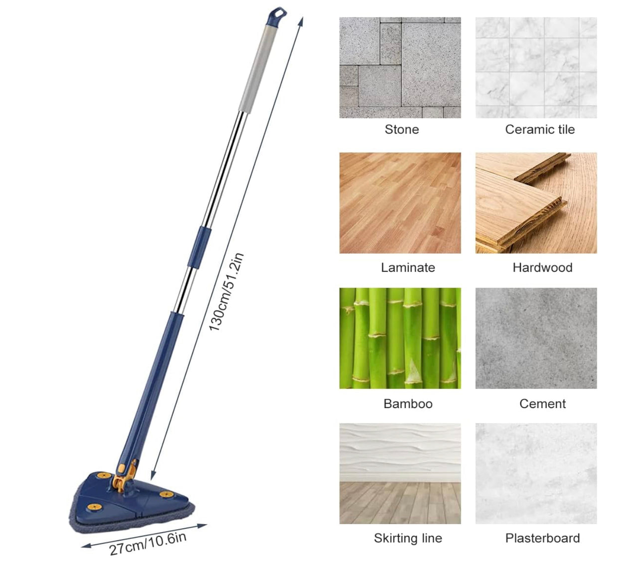 Cleaning Mop 360° Rotatable Triangular Mop Foldable Automatic Water Squeezing Wall Cleaning Mop Super Water Absorption Mop with 2 Replacement Mop Cloth for Floor Wall Window Cleaning