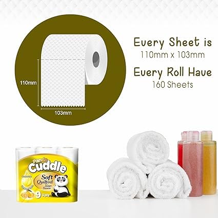 3 Ply Toilet Tissue Roll Panda Cuddle Classic Soft Quilted Toilet Rolls- Super Quality Comfort. (7 Pack of 9Rolls / 63 Rolls)