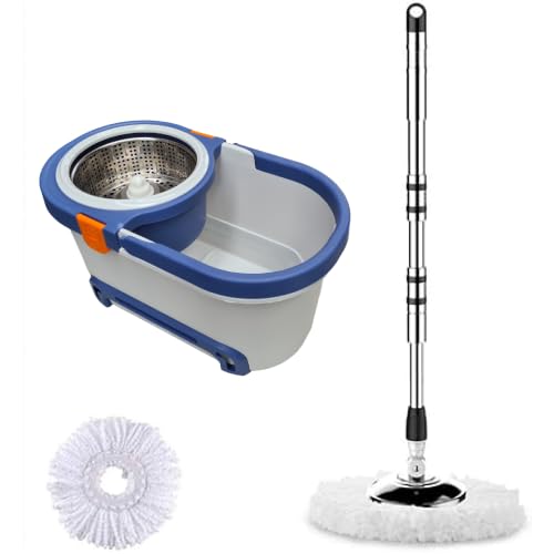 360 spin Mop and Bucket Set, Mop and Buckets Sets with & 2 Thick Reusable Microfibre Pads, Wet & Dry Flat Floor Mops for Laminate Hardwood Tile Floor Cleaning (Grey)