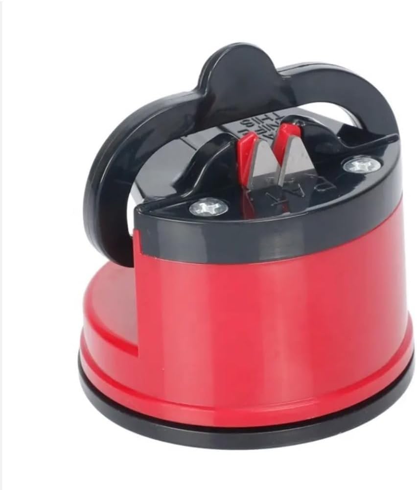 Knife Sharpener, Sharpening Kitchen Knives, Hands Free Safety, Manual Sharpening Tool - Compact Knife Sharpener UK - Knife and Scissors Sharpeners for Straight and Serrated Knives (Red)