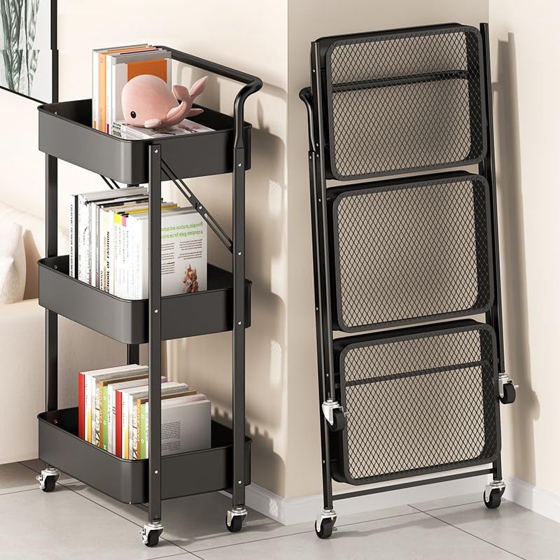 Multibao 3 Tier Metal Folding Trolley Cart with Handles Storage Rack Rolling Shelf Beauty Office Wheels for Living Room, Laundry, Bedroom (White 3-Tier-Folding)