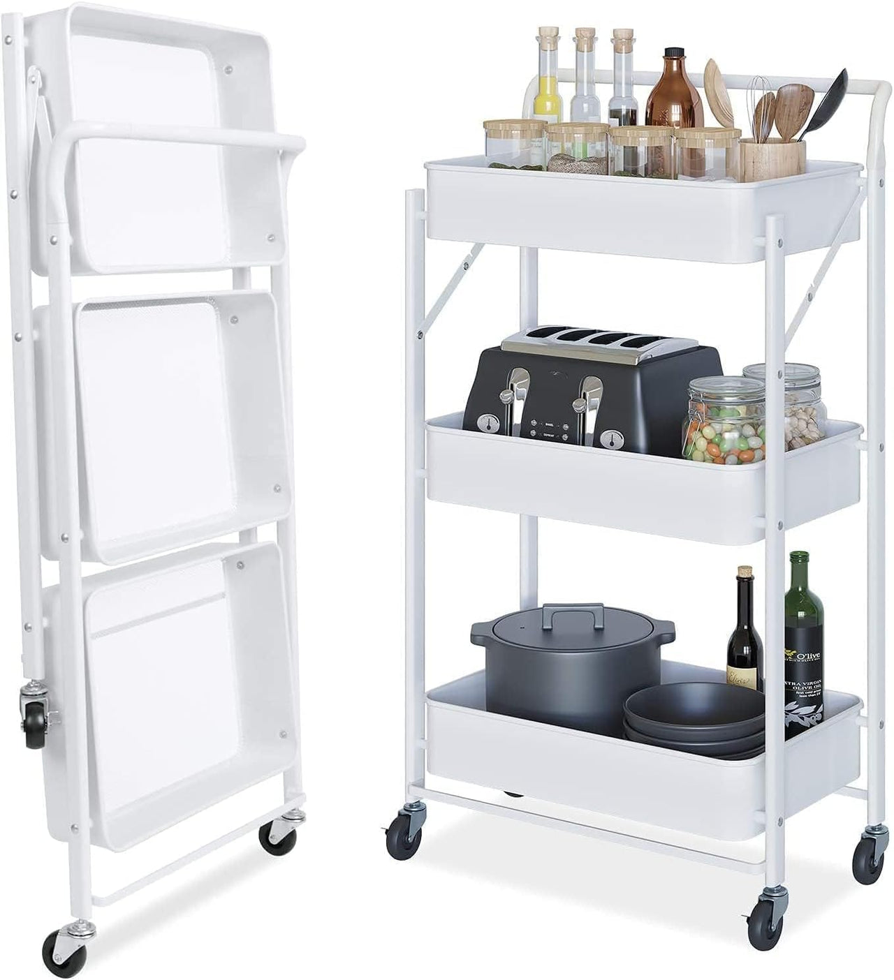 Multibao 3 Tier Metal Folding Trolley Cart with Handles Storage Rack Rolling Shelf Beauty Office Wheels for Living Room, Laundry, Bedroom (White 3-Tier-Folding)