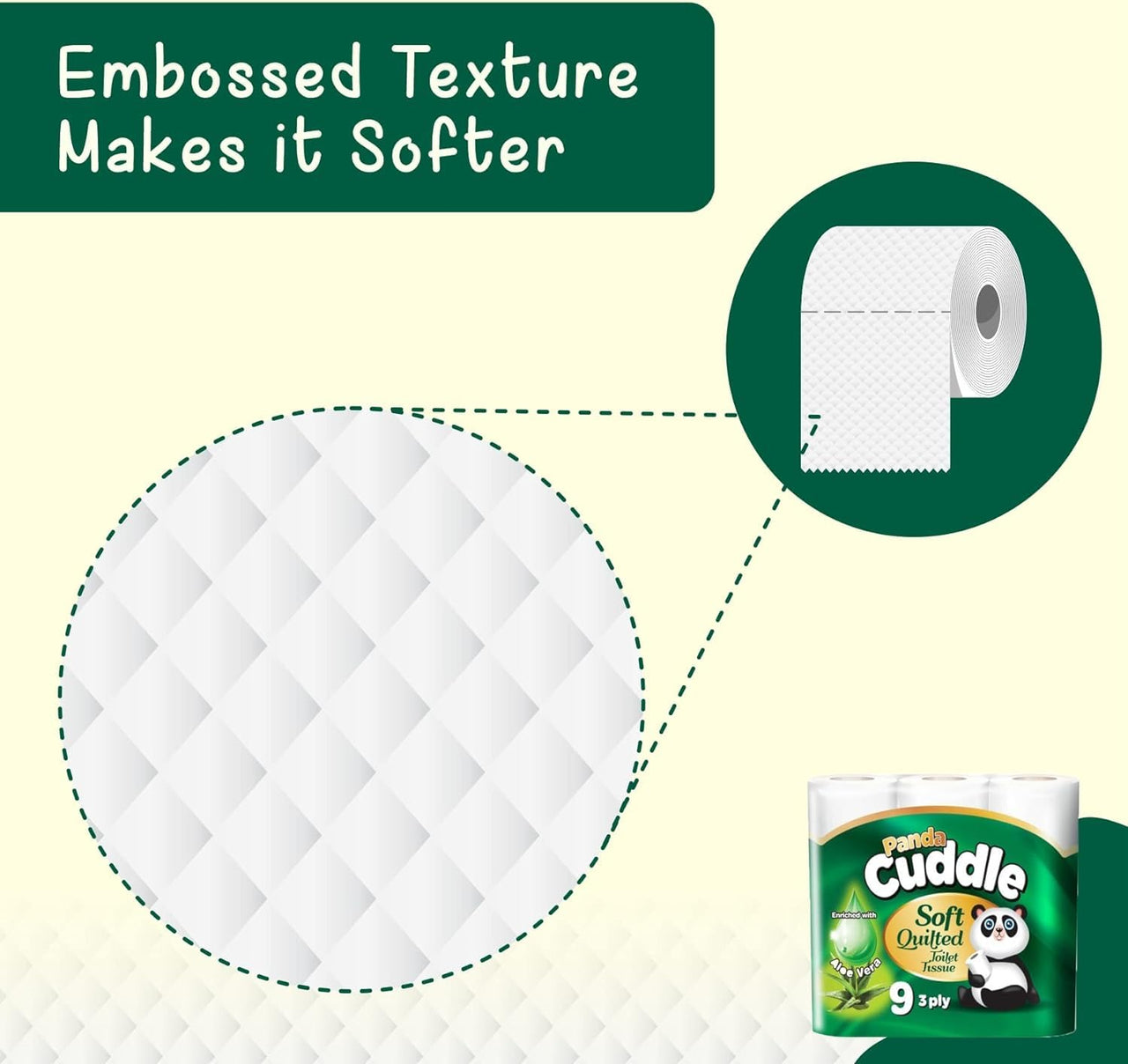 3 Ply Toilet Tissue Roll Panda Cuddle Classic Soft Quilted Toilet Rolls- Super Quality Comfort. (7 Pack of 9Rolls / 63 Rolls)