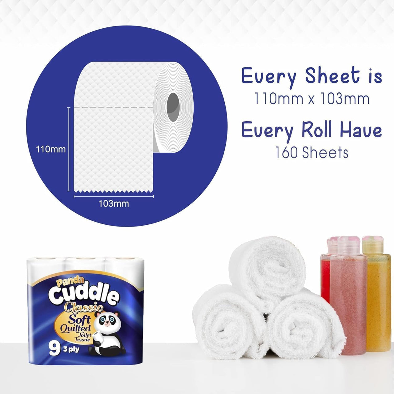 3 Ply Toilet Tissue Roll Panda Cuddle Classic Soft Quilted Toilet Rolls- Super Quality Comfort. (7 Pack of 9Rolls / 63 Rolls)