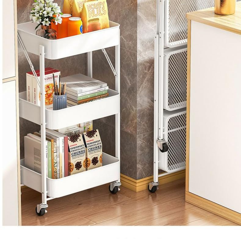 Multibao 3 Tier Metal Folding Trolley Cart with Handles Storage Rack Rolling Shelf Beauty Office Wheels for Living Room, Laundry, Bedroom (White 3-Tier-Folding)