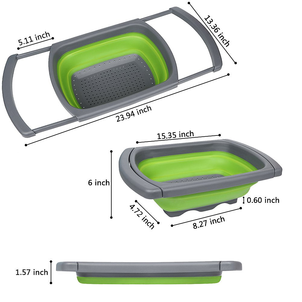 QiMH Colander collapsible Over The Sink Vegtable/Fruit Colander Strainer With Extendable Handles(Green&Red) (Green)