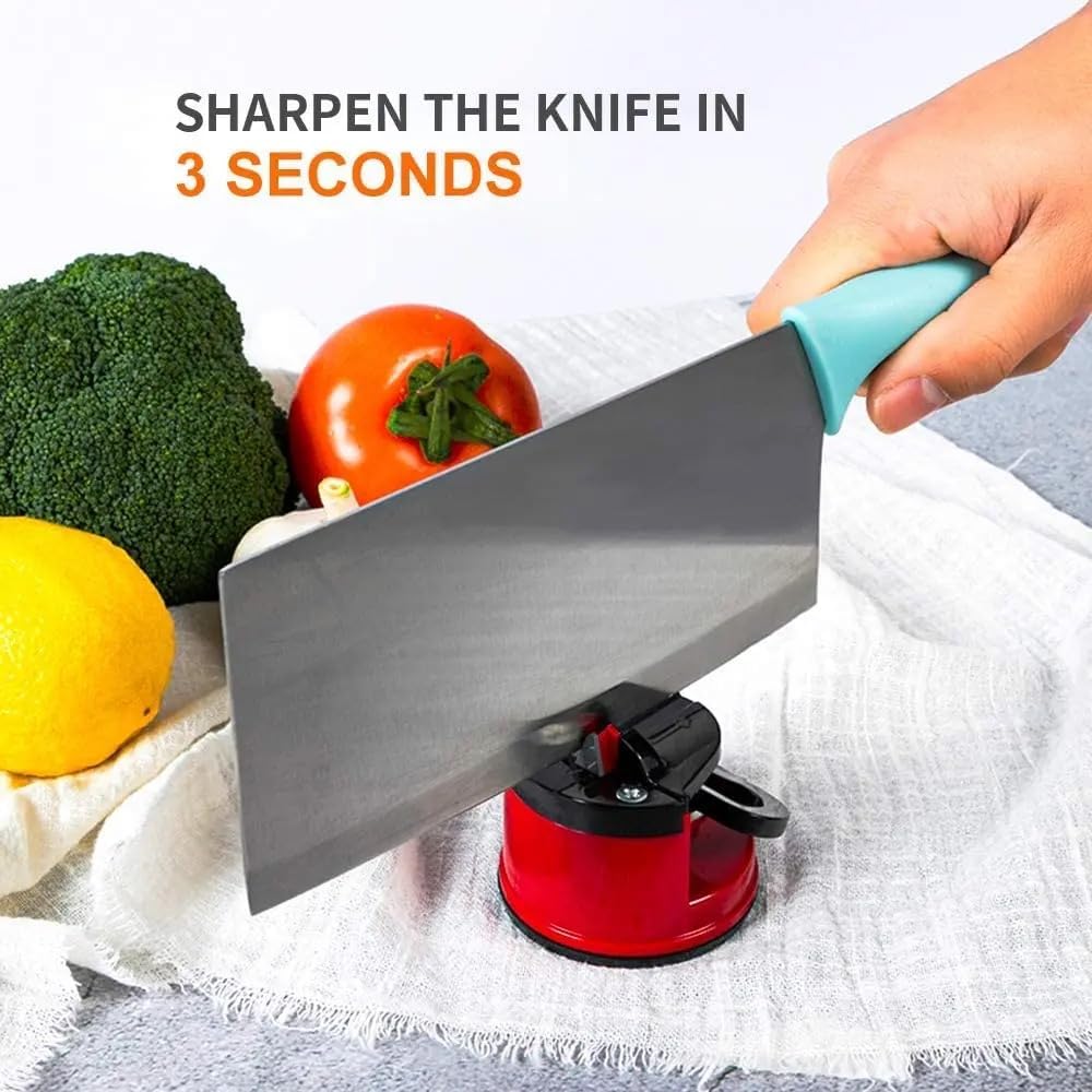 Knife Sharpener, Sharpening Kitchen Knives, Hands Free Safety, Manual Sharpening Tool - Compact Knife Sharpener UK - Knife and Scissors Sharpeners for Straight and Serrated Knives (Red)