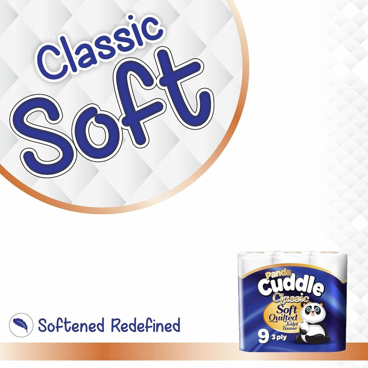 3 Ply Toilet Tissue Roll Panda Cuddle Classic Soft Quilted Toilet Rolls- Super Quality Comfort. (7 Pack of 9Rolls / 63 Rolls)