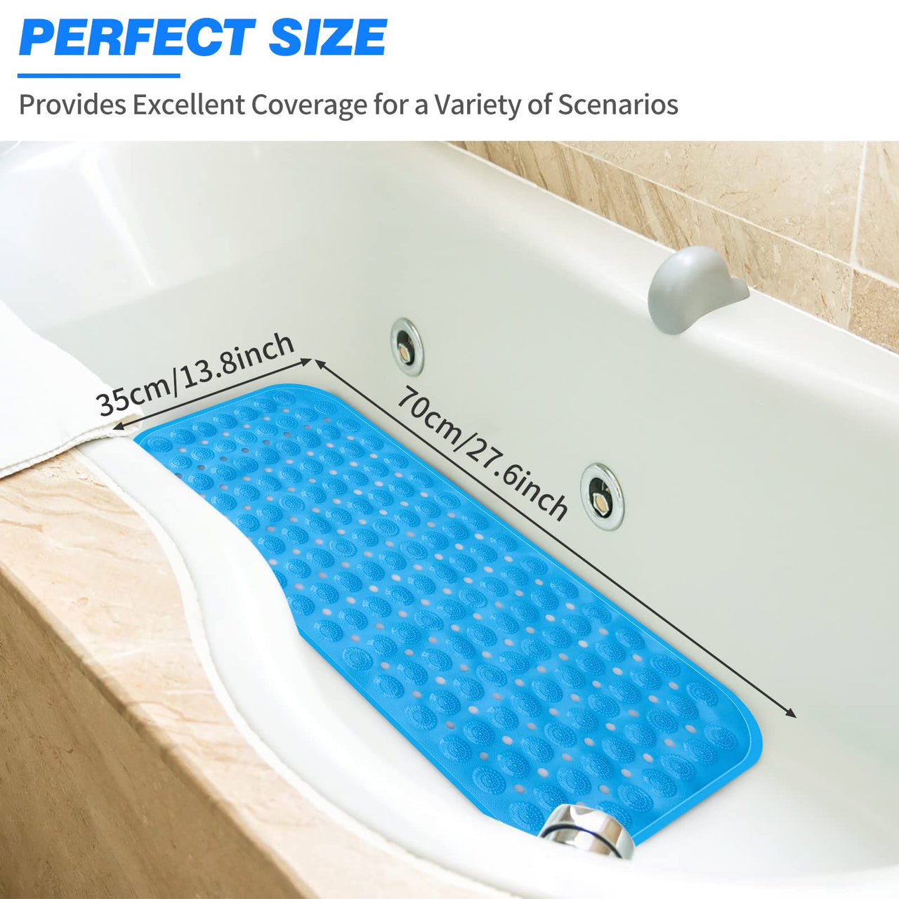 ACEMOOW Bath Mat Non Slip Anti Mould Kids, Extra Long Bathtub Mats with Drain Holes & Suction Cups Machine Washable Rubber Bathroom Shower Mat for Inside Bath Elderly Children - 70 x 35 cm Blue