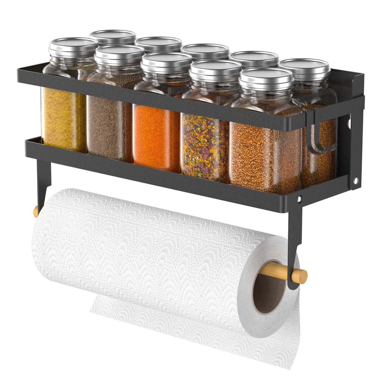 ARVINKEY Spice Rack Magnetic Shelf with Paper Towel Holder Roll and Hooks, Foldable Refrigerator Spice Holder, Wall Mounted Seasoning Organizer Hanging Storage Stand for Home Kitchen