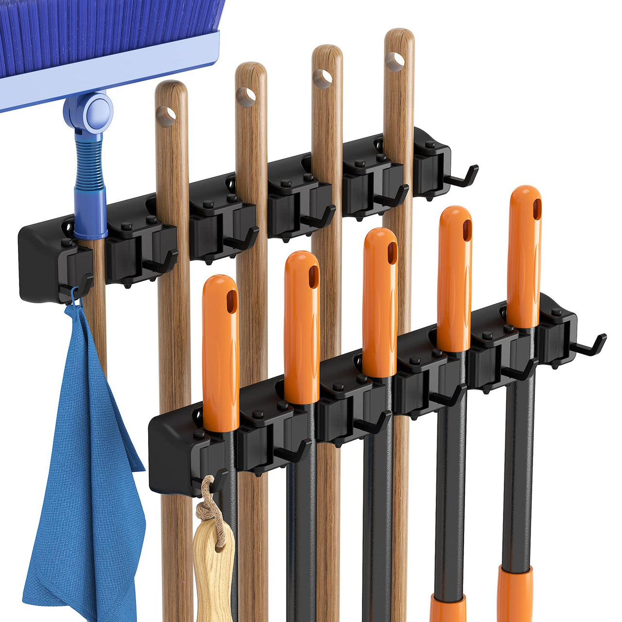 Lifewit Broom Mop Holder Wall Mounted，Heavy Duty Broom Storage with 5 Slot 6 Hooks, Utility Room Storage Solutions for Broom Cupboard Kitchen Bathroom Garage and Garden Tool Organiser, 1 Pack, Black