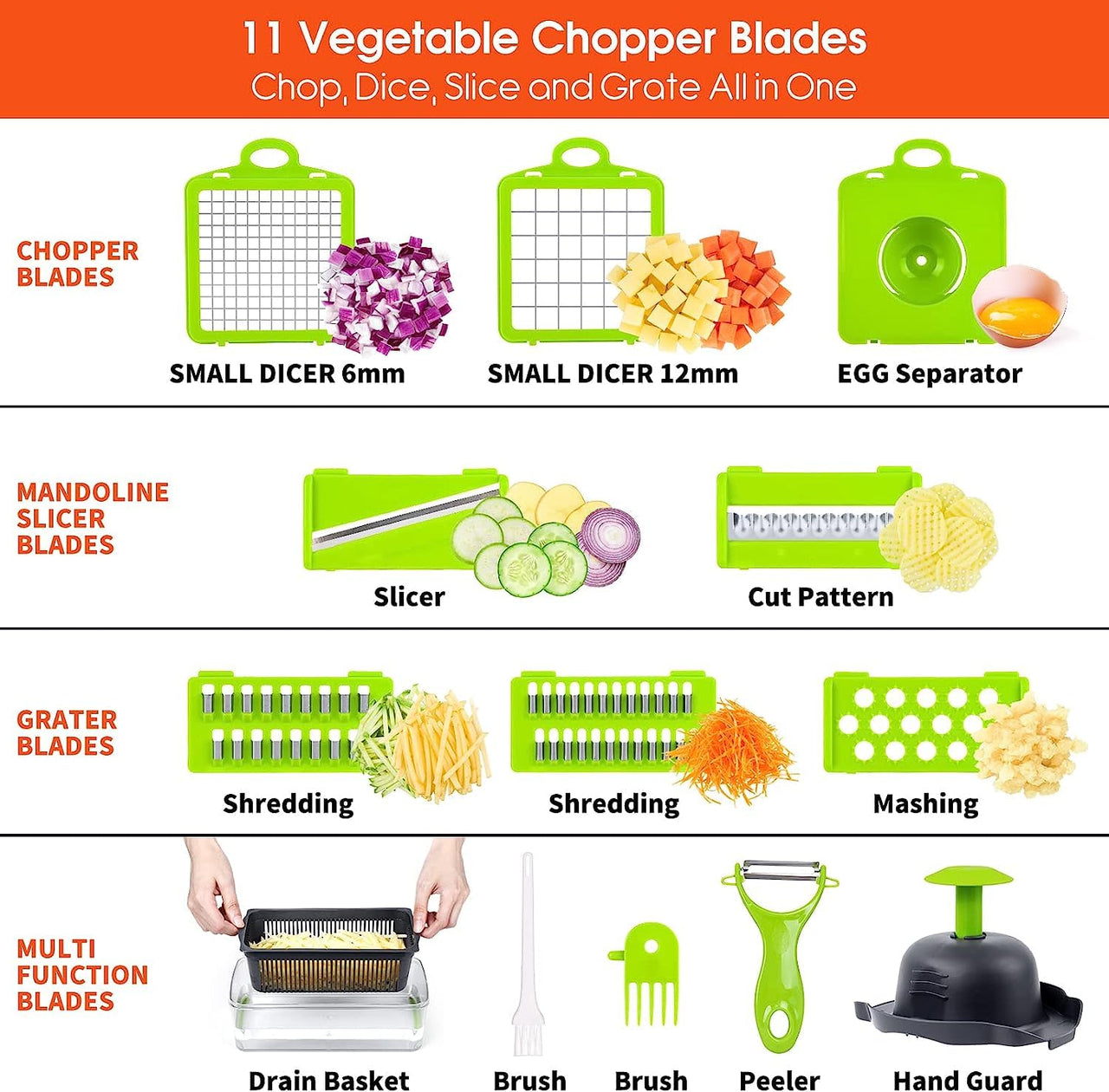 EASE8 16-Piece Kitchen Vegetable Chopper|High-Performance Mandoline Vegetable Slicer & Dicer with Stainless Steel Blades-Peeler-Hand Guard and Brushes|Veg,Salad Complete Food Cutter Set-SA-016