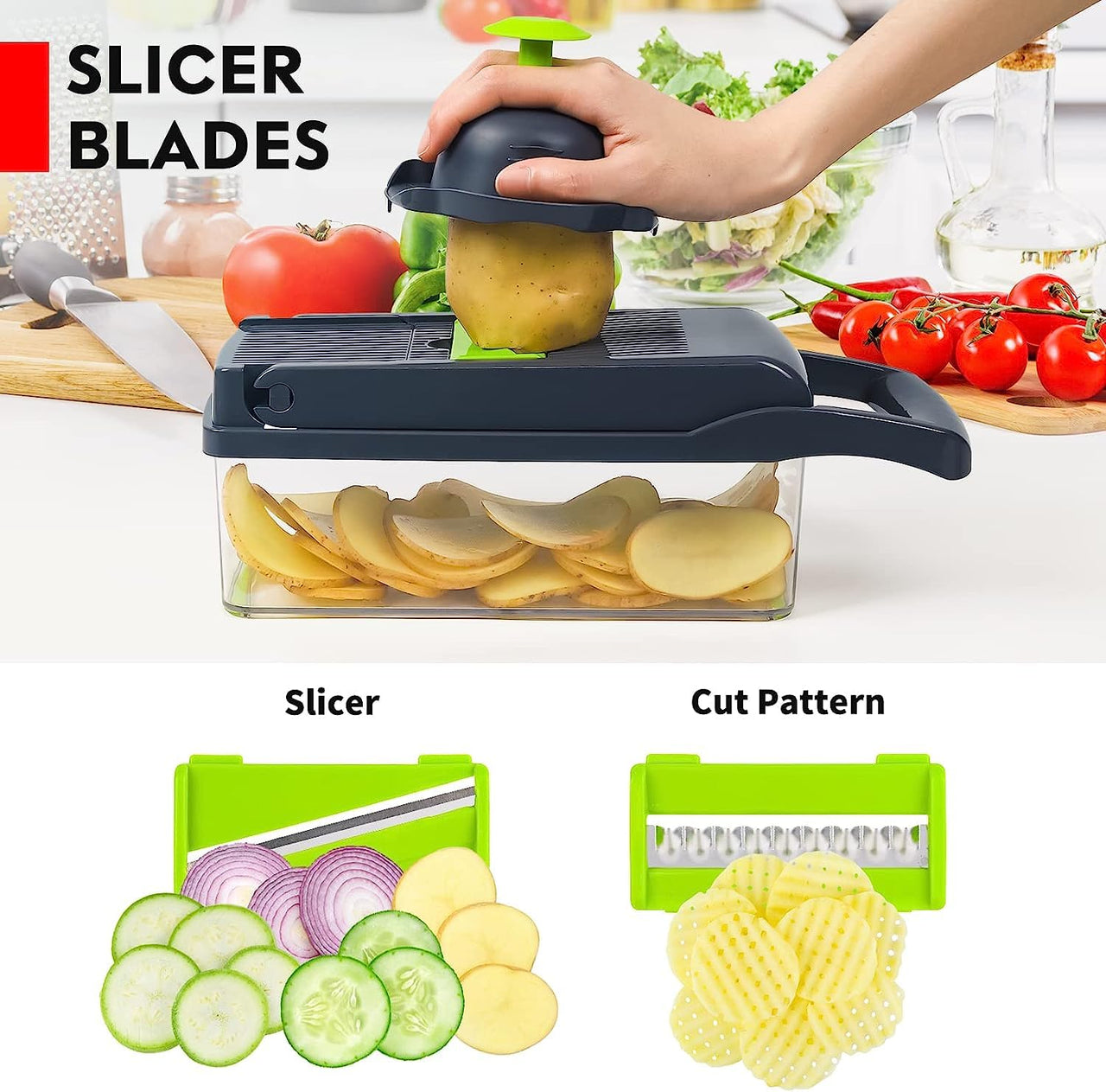 EASE8 16-Piece Kitchen Vegetable Chopper|High-Performance Mandoline Vegetable Slicer & Dicer with Stainless Steel Blades-Peeler-Hand Guard and Brushes|Veg,Salad Complete Food Cutter Set-SA-016