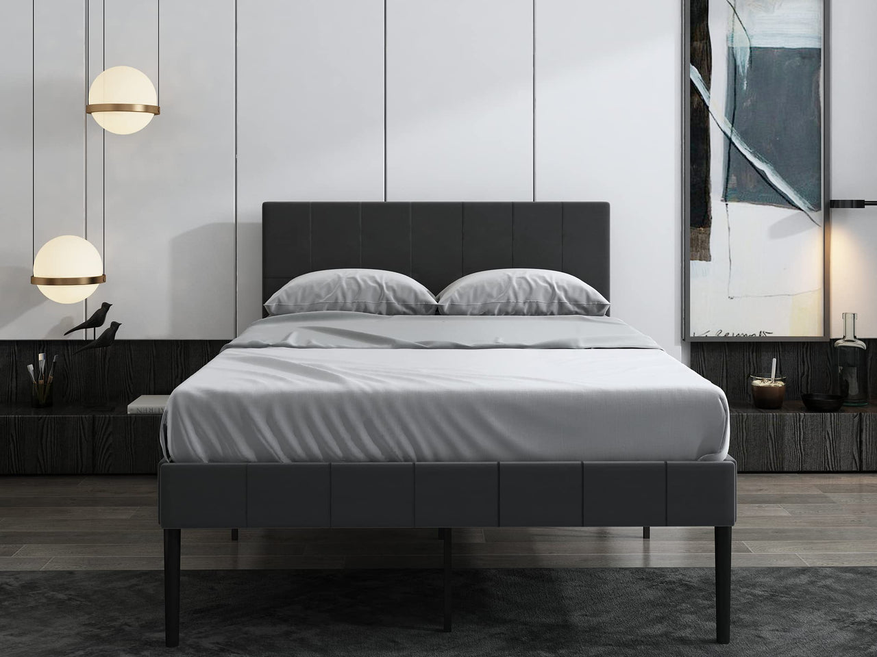 FurnitureFul Double Bed Frame 4FT 6 - Modish Double Bed Grey Leather | Under Bed Deep 30CM Storage | Headboard & Footboard Included | Extra Middle Support Leg