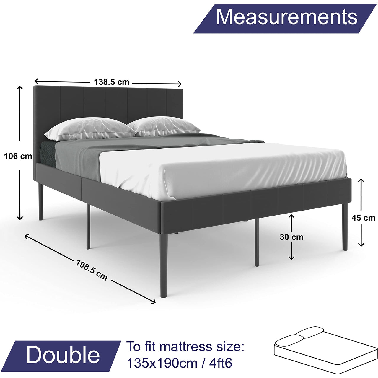 FurnitureFul Double Bed Frame 4FT 6 - Modish Double Bed Grey Leather | Under Bed Deep 30CM Storage | Headboard & Footboard Included | Extra Middle Support Leg