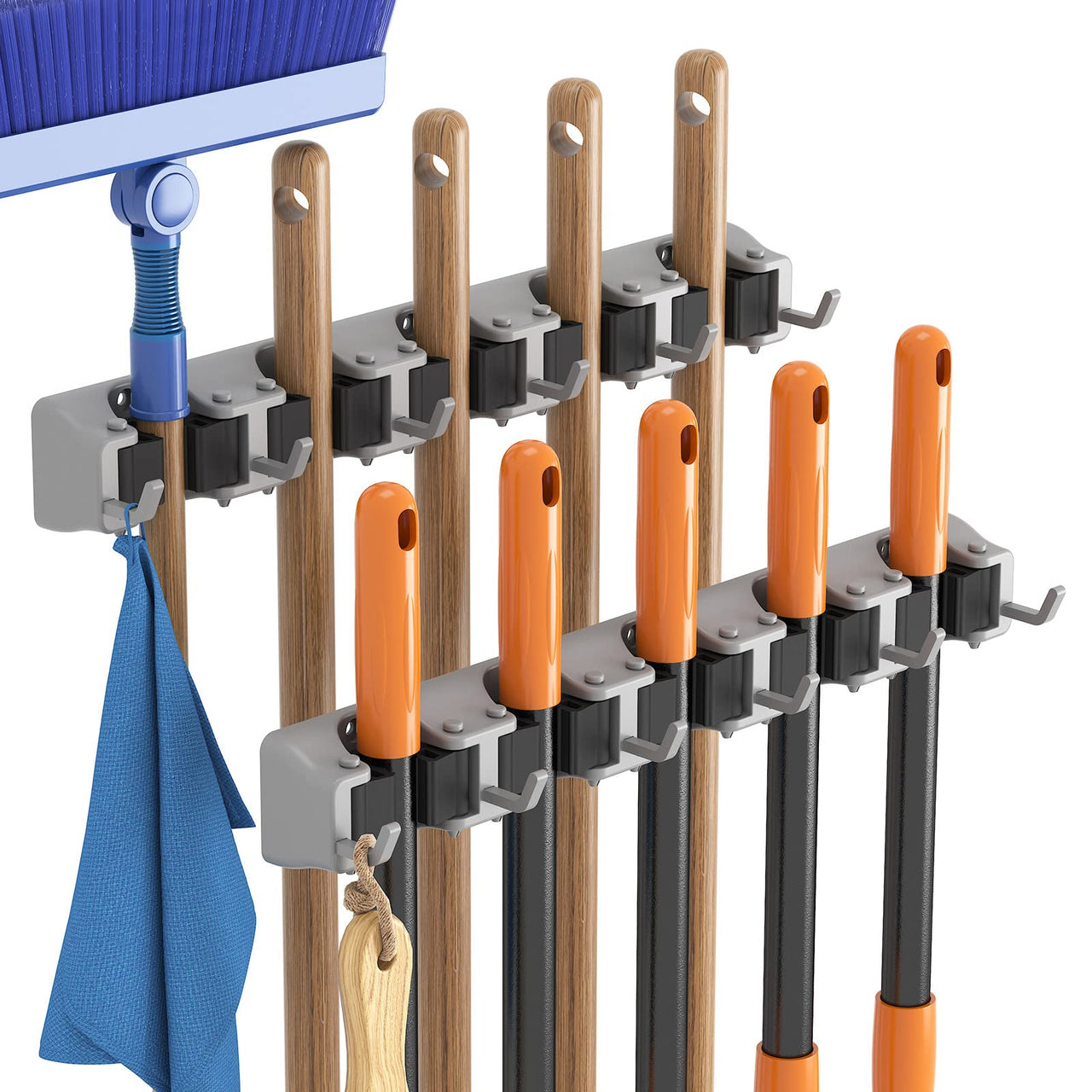 Lifewit Broom Mop Holder Wall Mounted，Heavy Duty Broom Storage with 5 Slot 6 Hooks, Utility Room Storage Solutions for Broom Cupboard Kitchen Bathroom Garage and Garden Tool Organiser, 1 Pack, Black