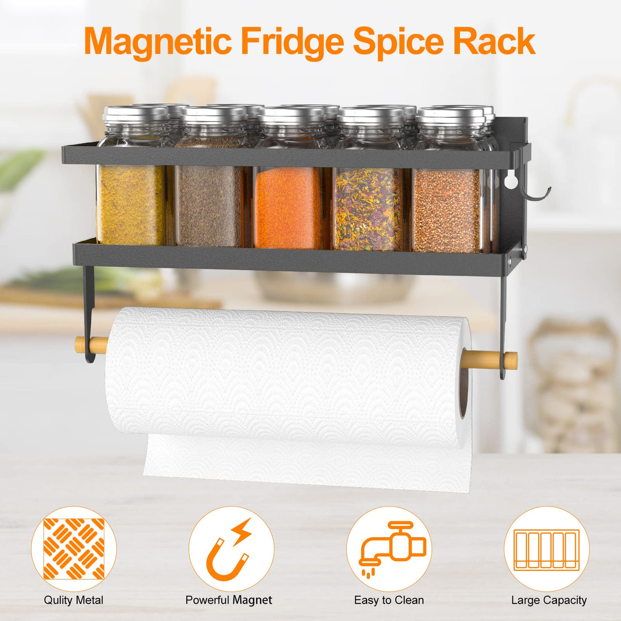 ARVINKEY Spice Rack Magnetic Shelf with Paper Towel Holder Roll and Hooks, Foldable Refrigerator Spice Holder, Wall Mounted Seasoning Organizer Hanging Storage Stand for Home Kitchen