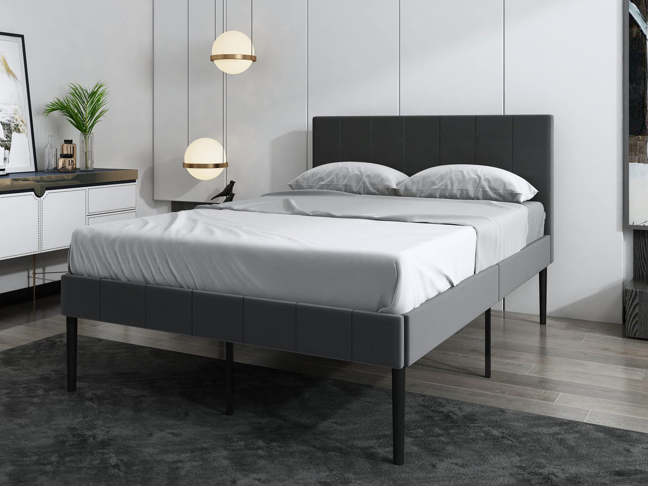 FurnitureFul Double Bed Frame 4FT 6 - Modish Double Bed Grey Leather | Under Bed Deep 30CM Storage | Headboard & Footboard Included | Extra Middle Support Leg