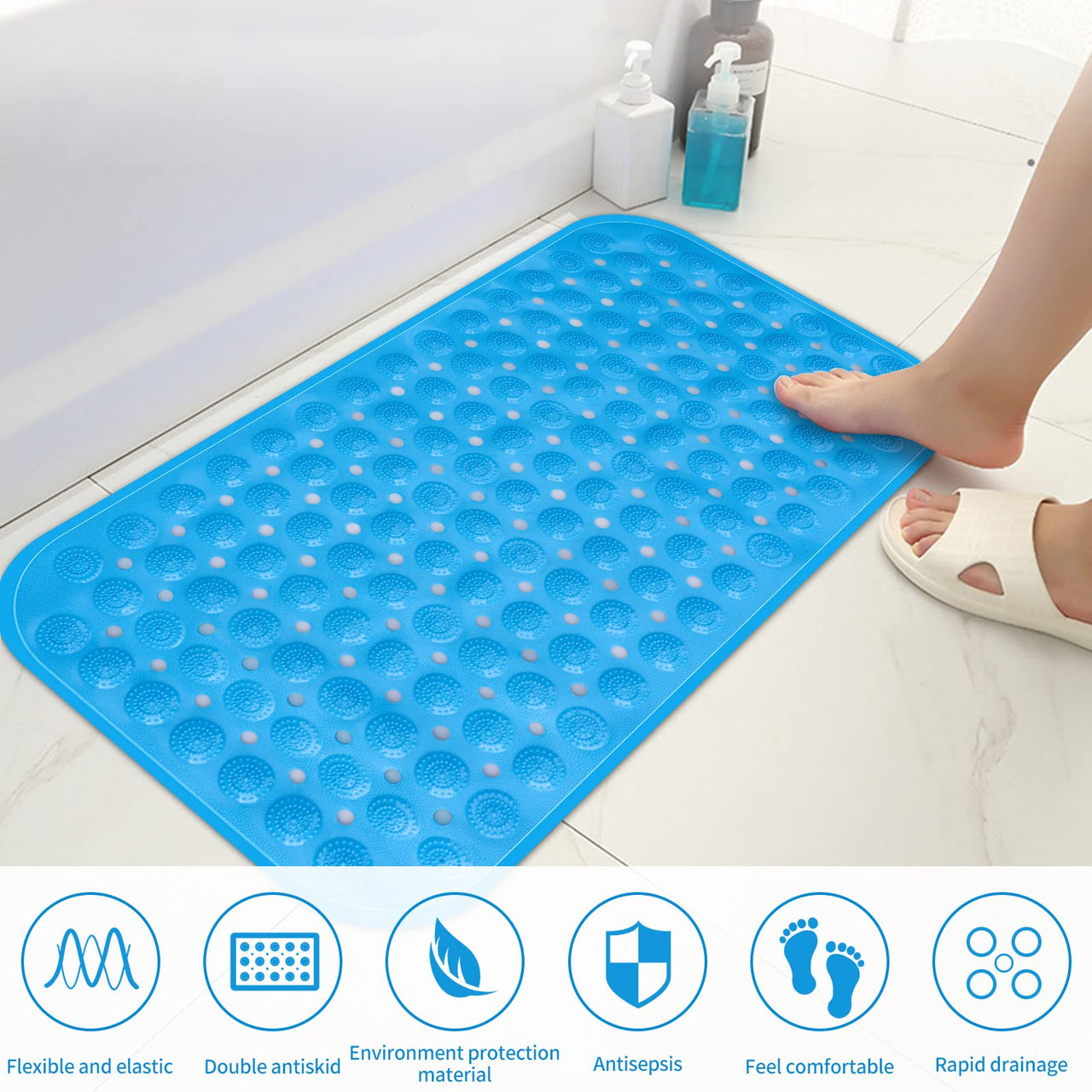 ACEMOOW Bath Mat Non Slip Anti Mould Kids, Extra Long Bathtub Mats with Drain Holes & Suction Cups Machine Washable Rubber Bathroom Shower Mat for Inside Bath Elderly Children - 70 x 35 cm Blue