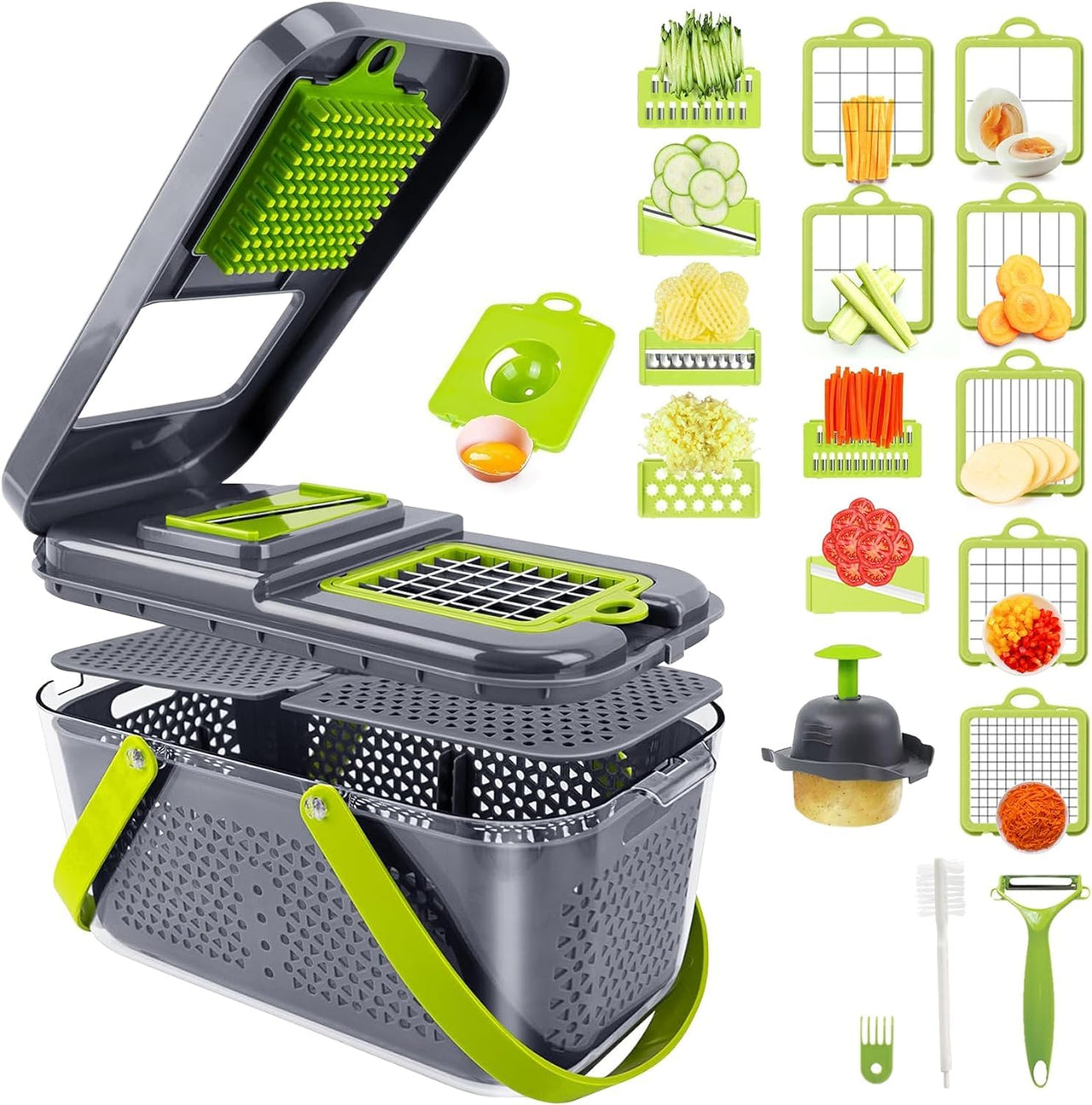 EASE8 16-Piece Kitchen Vegetable Chopper|High-Performance Mandoline Vegetable Slicer & Dicer with Stainless Steel Blades-Peeler-Hand Guard and Brushes|Veg,Salad Complete Food Cutter Set-SA-016