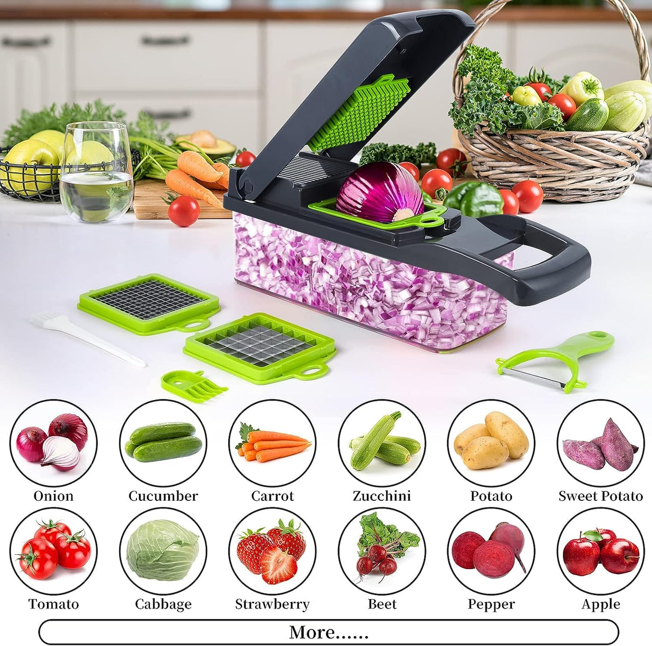 EASE8 16-Piece Kitchen Vegetable Chopper|High-Performance Mandoline Vegetable Slicer & Dicer with Stainless Steel Blades-Peeler-Hand Guard and Brushes|Veg,Salad Complete Food Cutter Set-SA-016