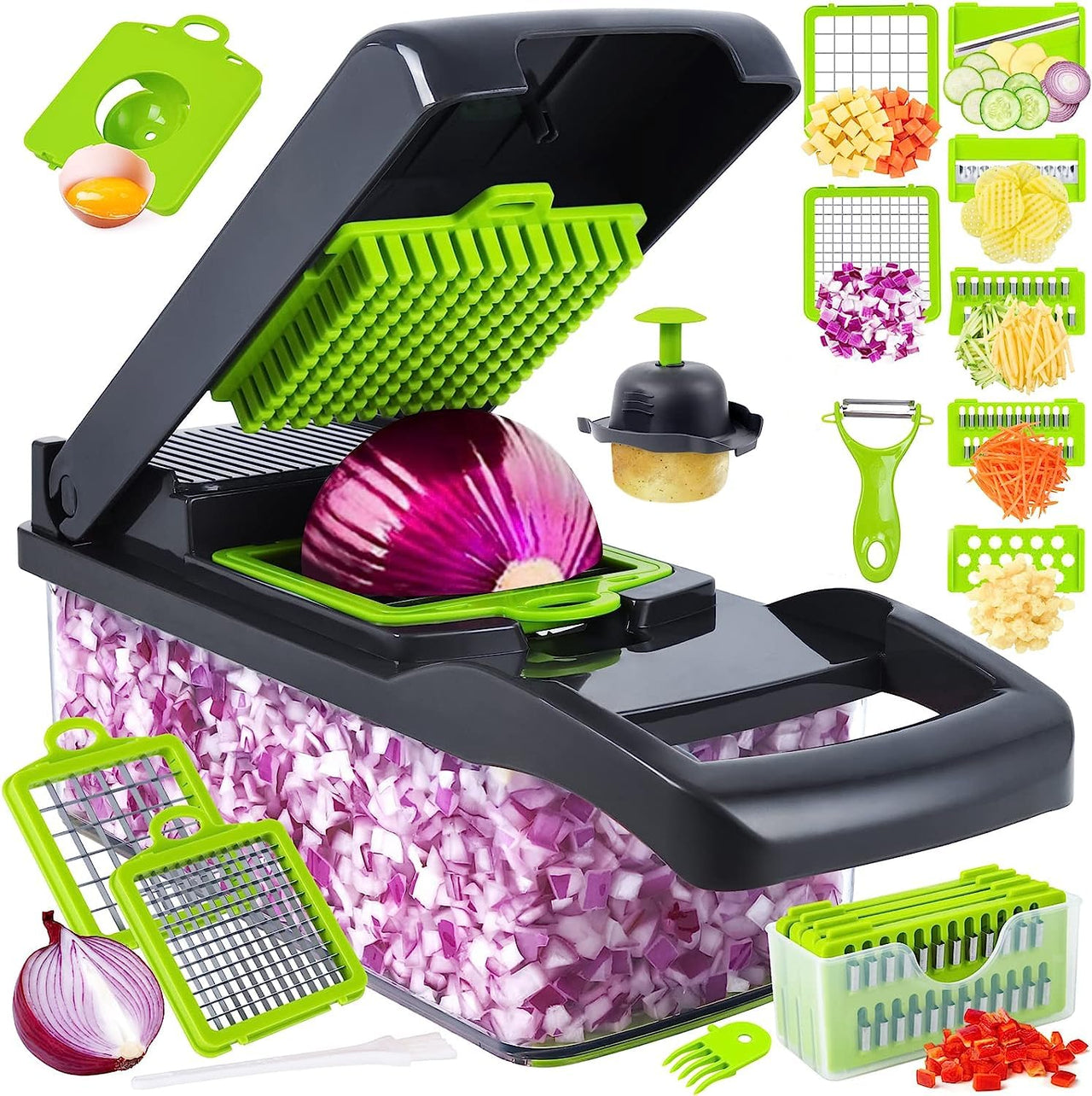 EASE8 16-Piece Kitchen Vegetable Chopper|High-Performance Mandoline Vegetable Slicer & Dicer with Stainless Steel Blades-Peeler-Hand Guard and Brushes|Veg,Salad Complete Food Cutter Set-SA-016