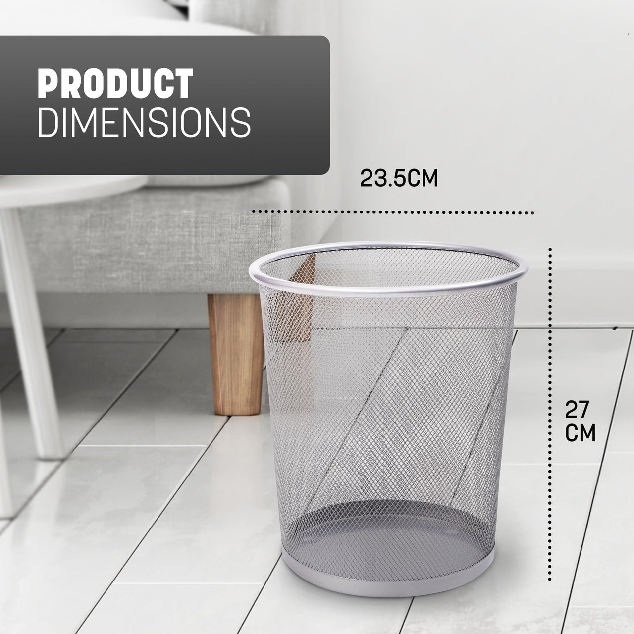 KEPLIN Round Trash Can - Black Non-slip Mesh Bin, Stylish & Sturdy Metal Waste Paper Bin for Home, Bedroom, Office, Bathroom, Living Room & Kitchen - Indoor Garbage Bin with Sleek Design