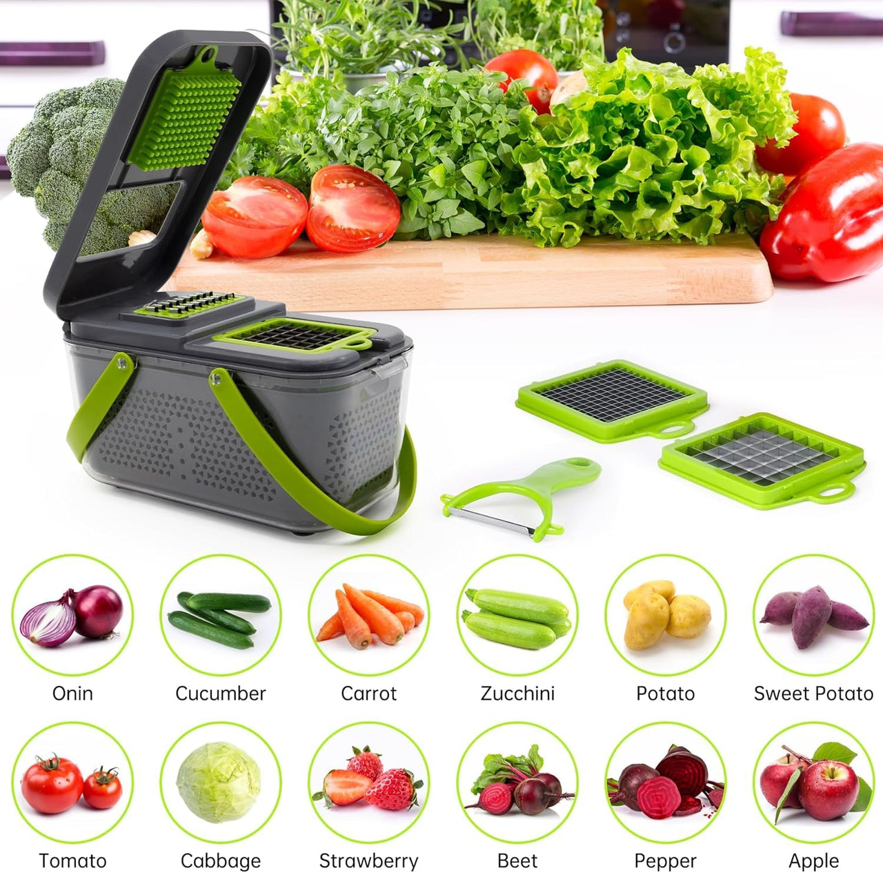 EASE8 16-Piece Kitchen Vegetable Chopper|High-Performance Mandoline Vegetable Slicer & Dicer with Stainless Steel Blades-Peeler-Hand Guard and Brushes|Veg,Salad Complete Food Cutter Set-SA-016