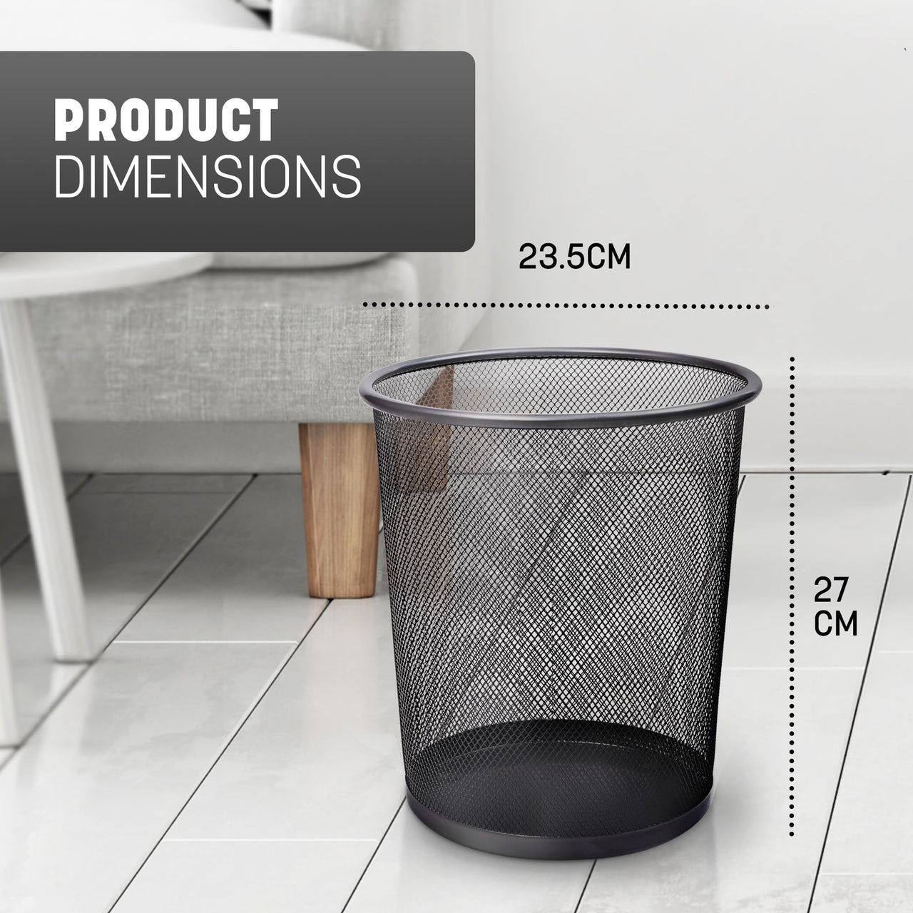 KEPLIN Round Trash Can - Black Non-slip Mesh Bin, Stylish & Sturdy Metal Waste Paper Bin for Home, Bedroom, Office, Bathroom, Living Room & Kitchen - Indoor Garbage Bin with Sleek Design