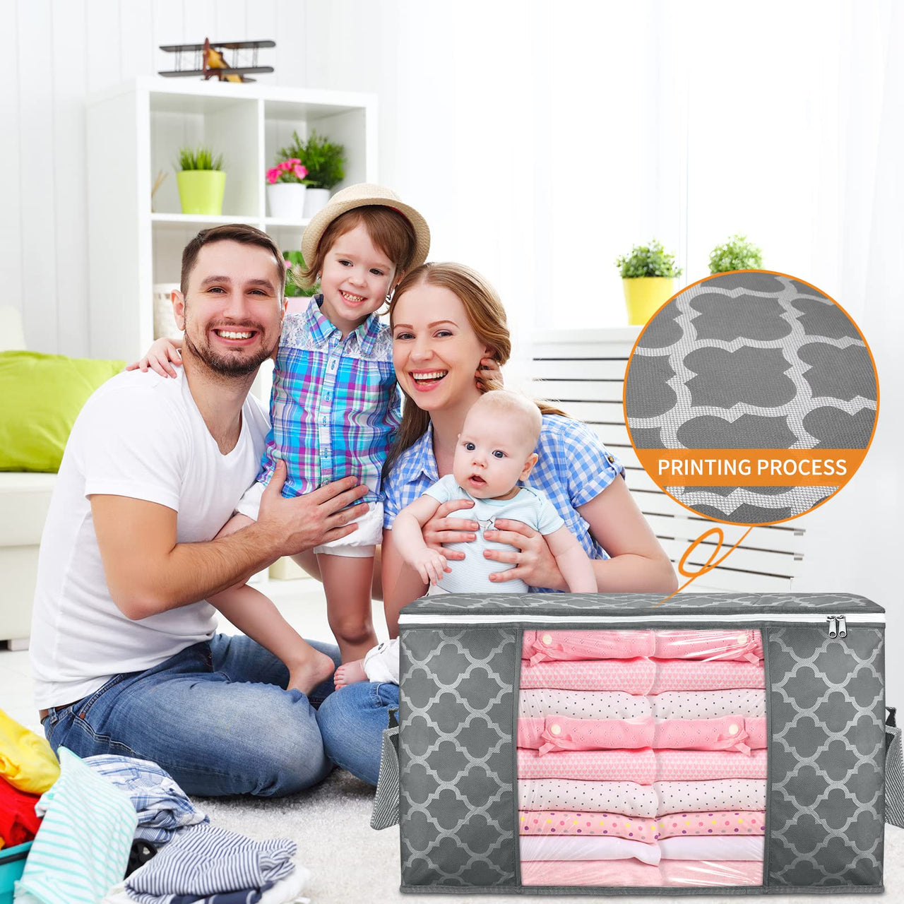 Budding Joy 6 Pack 90L Storage Bags, Large clothes storage bags with Zips Durable Handles Thick Fabric for Clothes, Bedding, Blankets, Comforters and Toys (Gray)