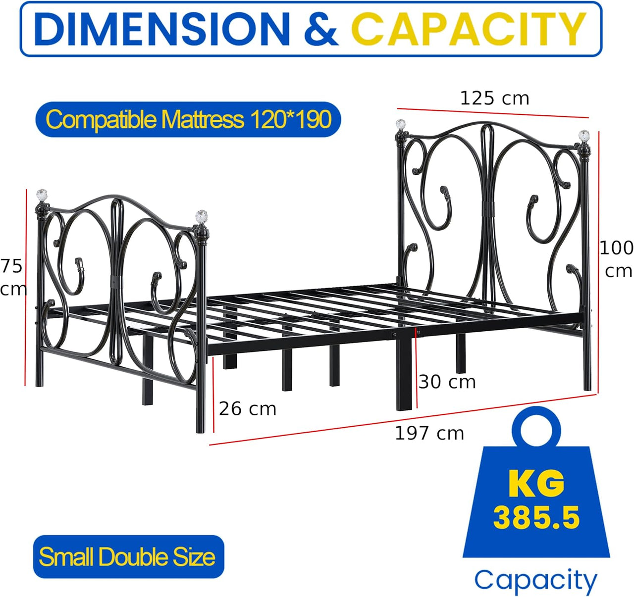 FurnitureFul Grace Metal Bed Frame - Single, Small Double, & Double - Elegant Design with Ample Underbed Storage