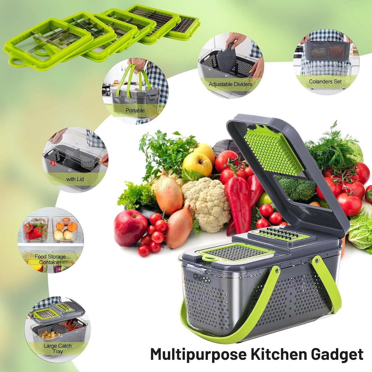 EASE8 16-Piece Kitchen Vegetable Chopper|High-Performance Mandoline Vegetable Slicer & Dicer with Stainless Steel Blades-Peeler-Hand Guard and Brushes|Veg,Salad Complete Food Cutter Set-SA-016