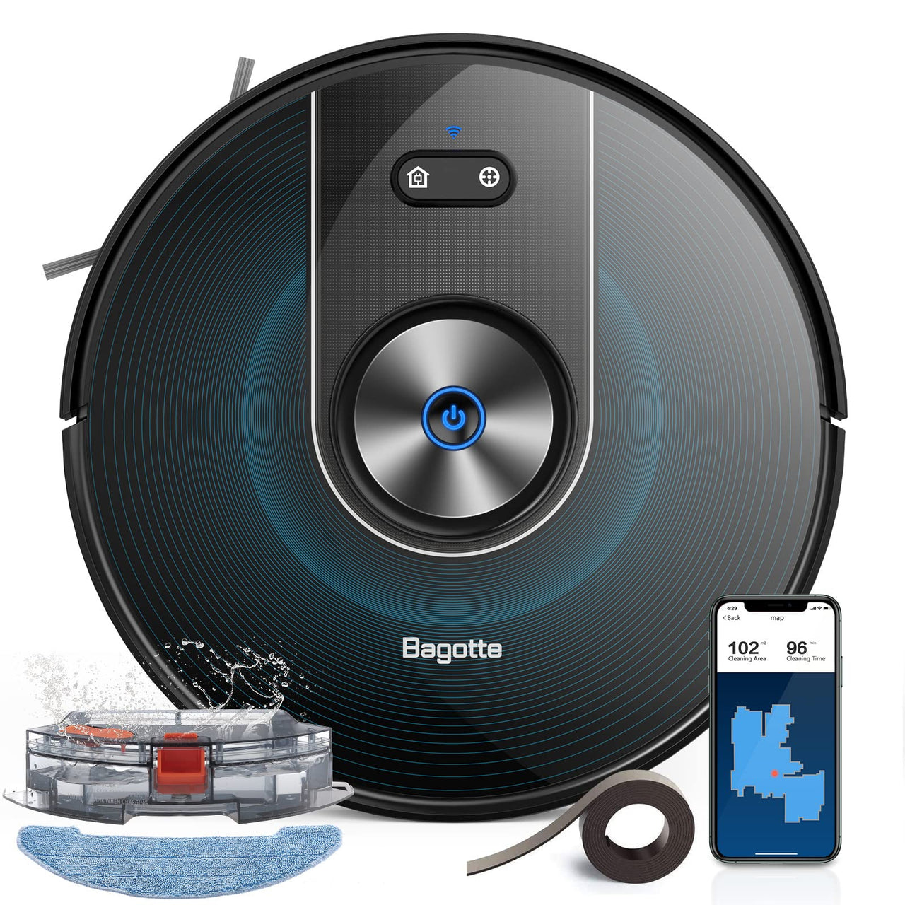 Bagotte Robot Vacuum,3000pa Robot Vacuum Cleaner with Mop,Strong Suction Robotic Vacuum,180Mins Runtime Max,Self-Charging, Alexa/App/WiFi for Pet Hair Hard Floor Carpet-BG800MAX