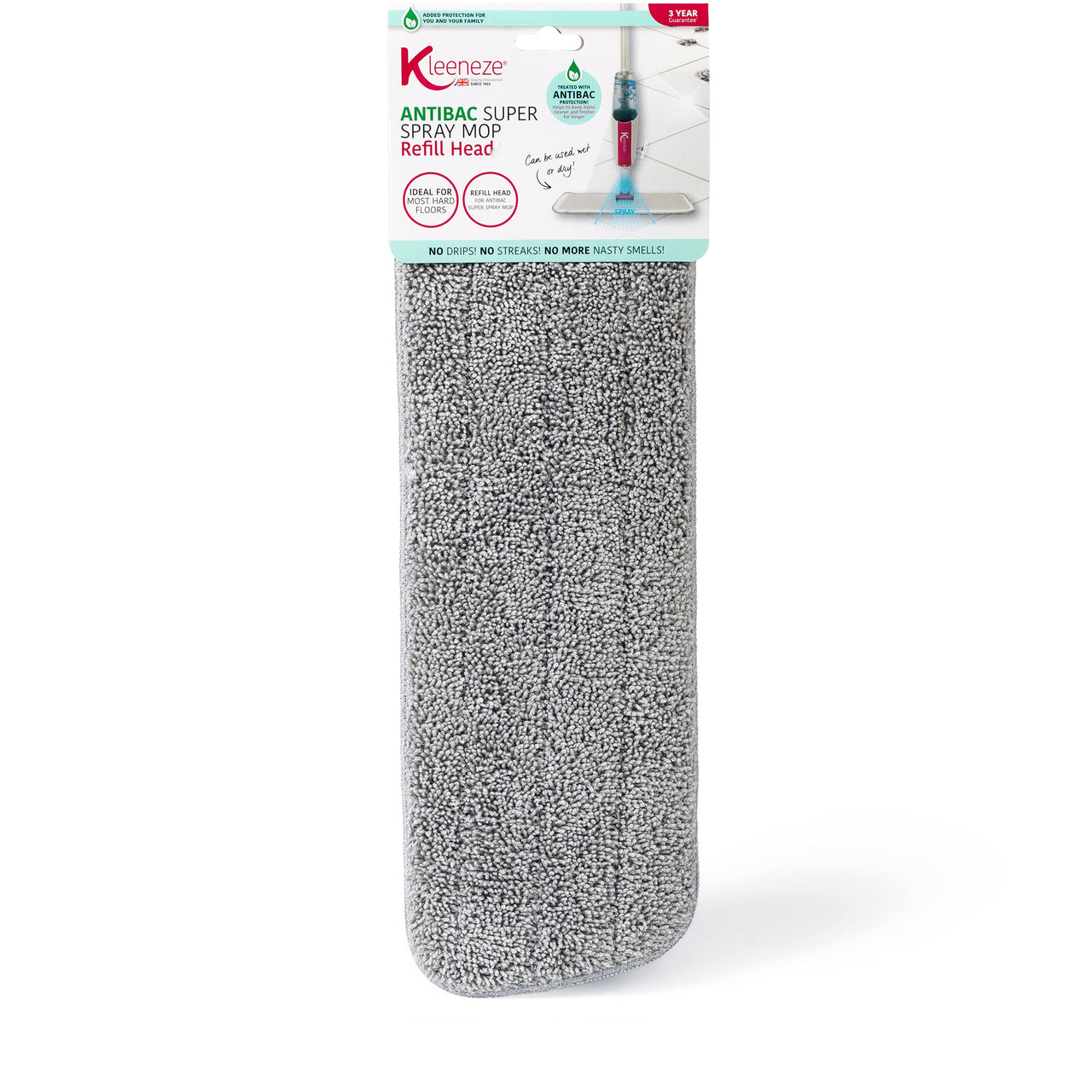 Kleeneze KL067036UFEU Spray Mop with Replacement Microfibre Head, Treated with Anti-Bac Protection, for Most Hard Floors, Washable Floor Pads, Can be Used Wet or Dry, Built-in Spray Trigger, 300ml